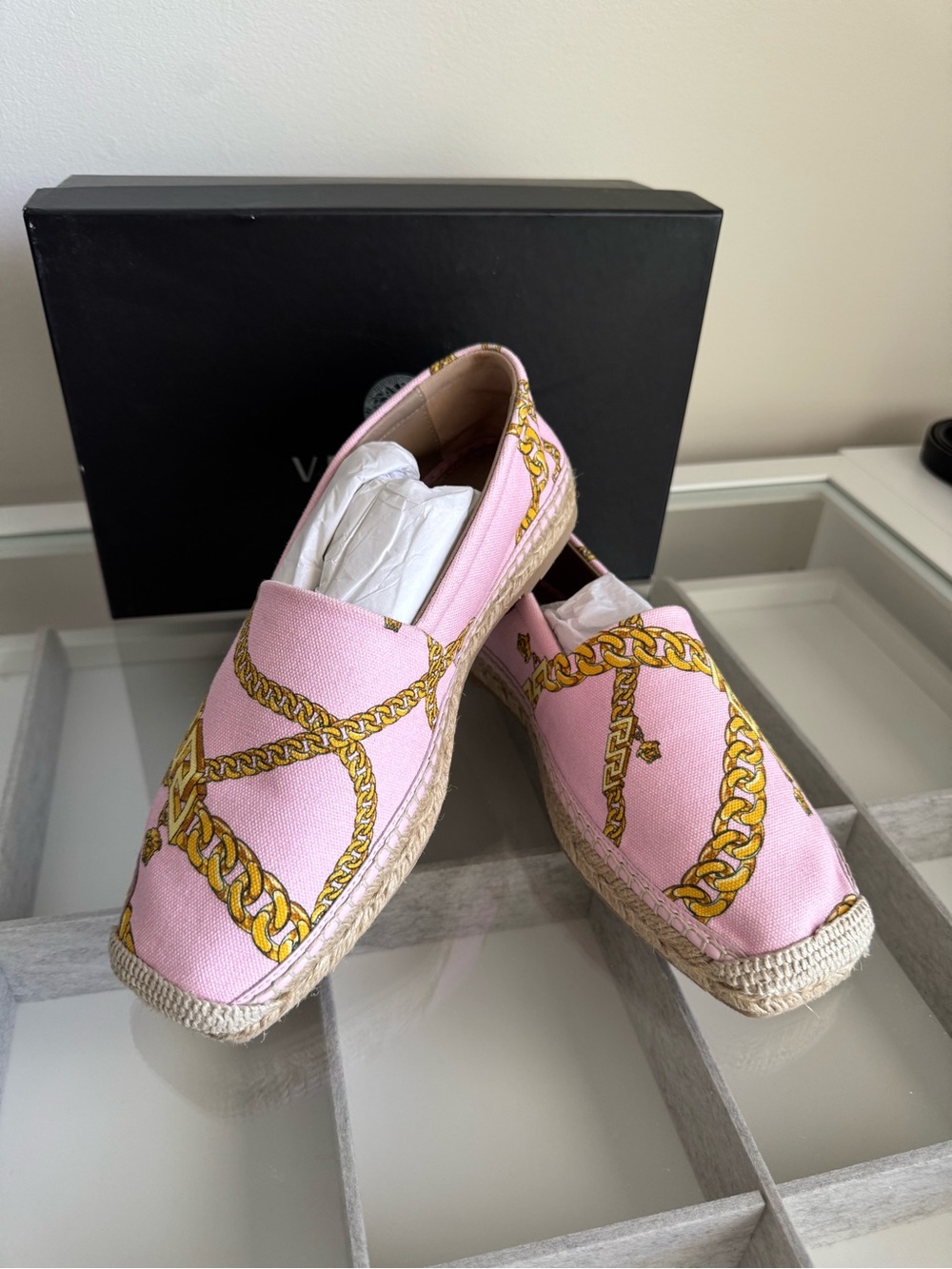 Versace Pink Espadrilles with Gold Chain Motif